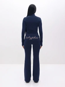 BABYPHAT Script Logo Flare Leg Pants With Rose Gold Branding Retro Y2K Bootcut Stretch Trousers - Navy Blue - View 6