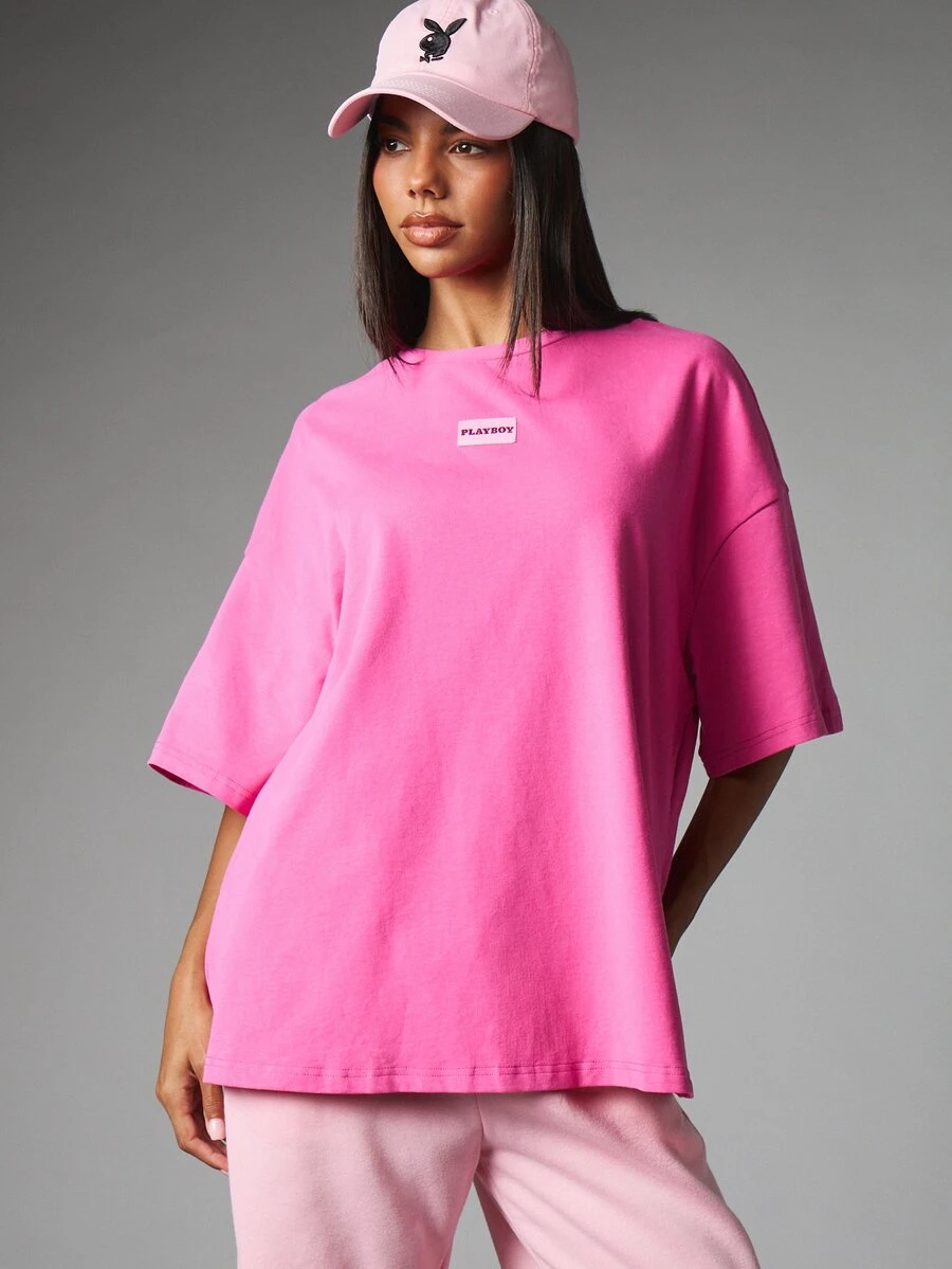 Missguided x Playboy Kaos Lengan Pendek Kerah Bulat Ukuran Besar dengan Detail Logo, Potongan Longgar dan Santai, Atasan Kasual Musim Panas - Berwarna merah muda - View 1