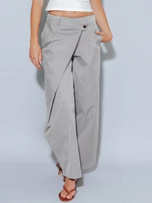Pimkie Edition Women's Solid Color Asymmetrical Design Wide Leg Loose Casual Long Pants - Grey - View 3