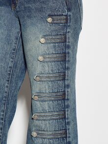 SUMWON WOMEN Wide Flared Denim Jeans With Side Button Detail Low Rise Full Length Washed Blue Vintage Style Boho Festival Pants - Blue - View 5