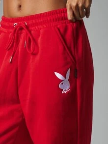 Missguided x Playboy Bunny Logo Wide Leg Fleece Sweatpants With Drawstring Waist And Bum Script Print Casual Lounge Pants - Red - View 5
