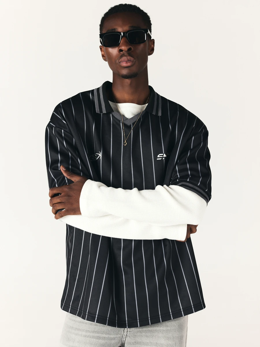 SUMWON Oversized Pinstripe Polo Shirt With Spread Collar Short Sleeve Logo Print Relaxed Fit Street Style Top - Black - View 1