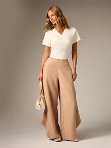AiiRZ High Rise Palazzo Wide Leg Pants With Dramatic Ruffle Overlay Skirt Panel Asymmetric Flowing Hem Full Length Spring Summer - Brown - View 3