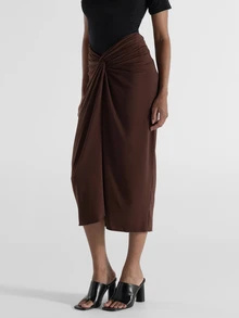 KSTM Twist Knot Ruched Midi Skirt High Waist Draped Wrap Style Elegant Party Evening Fall Winter Occasion Skirt - Brown - View 3