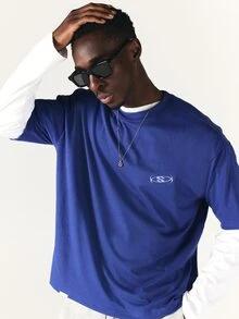 SUMWON Oversized Crew Neck Short Sleeve T-Shirt With Back Logo Graphic And Chest Print Casual Streetwear Top - Blue - View 2
