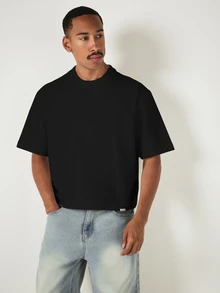 SUMWON 寬鬆方正短版落肩短袖 T-shirt，羅紋圓領，休閒舒適夏季必備上衣 - 黑色 - 查看 1