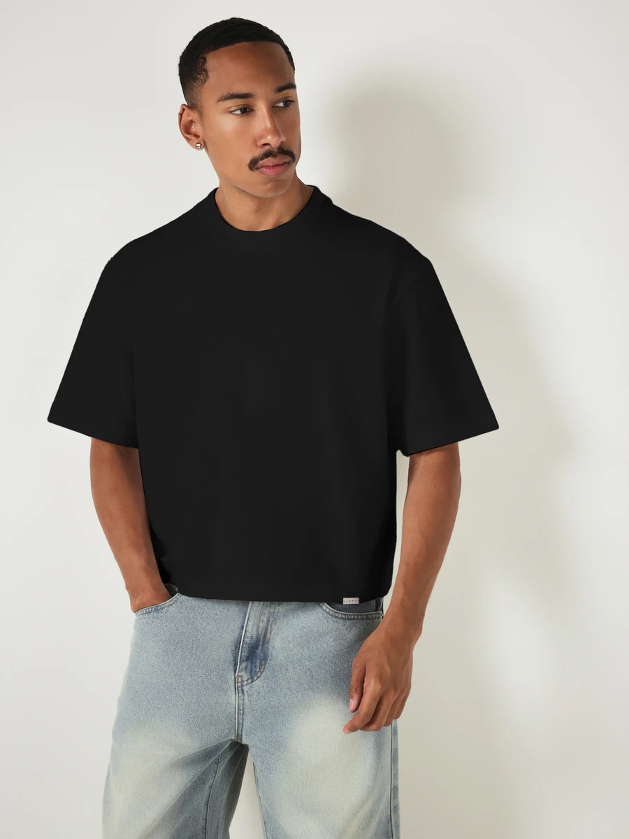 SUMWON 寬鬆方正短版落肩短袖 T-shirt,羅紋圓領,休閒舒適夏季必備上衣 - 黑色 - 查看 1