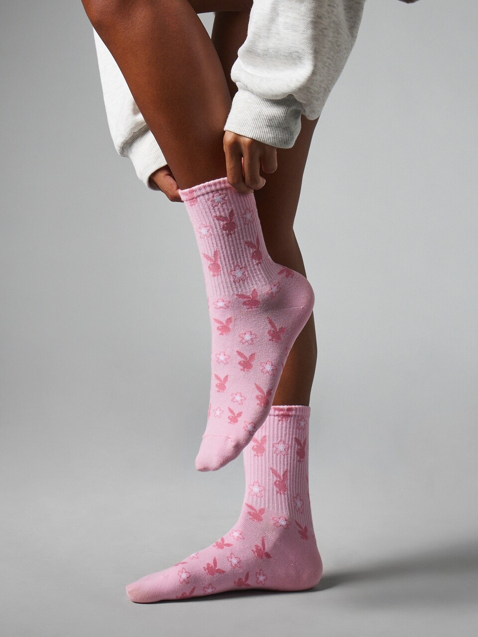 Missguided x Playboy Bunny Logo Crew Socks With Floral Print All Over Pattern Ribbed Cuff Holiday Gift Idea Cozy Everyday Casual Socks