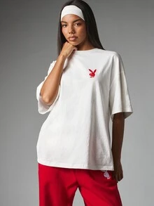 Missguided x Playboy Oversized Crew Neck Short Sleeve T-Shirt With Bold Script Logo Back Print And Bunny Logo Chest Print - White - View 2