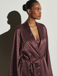 KSTM Satin Polka Dot Wrap Robe Mini Length Long Bell Sleeve Belted Kimono Style Loungewear With Lace Trim Cuffs Holiday Gift - Multicolor - View 3
