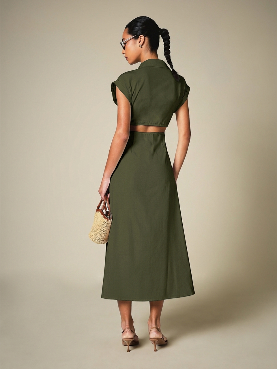 KSTM Midi Shirt Dress With Point Collar Cap Sleeves Front Zip Closure Back Cutout Detail And Front Slit Hem