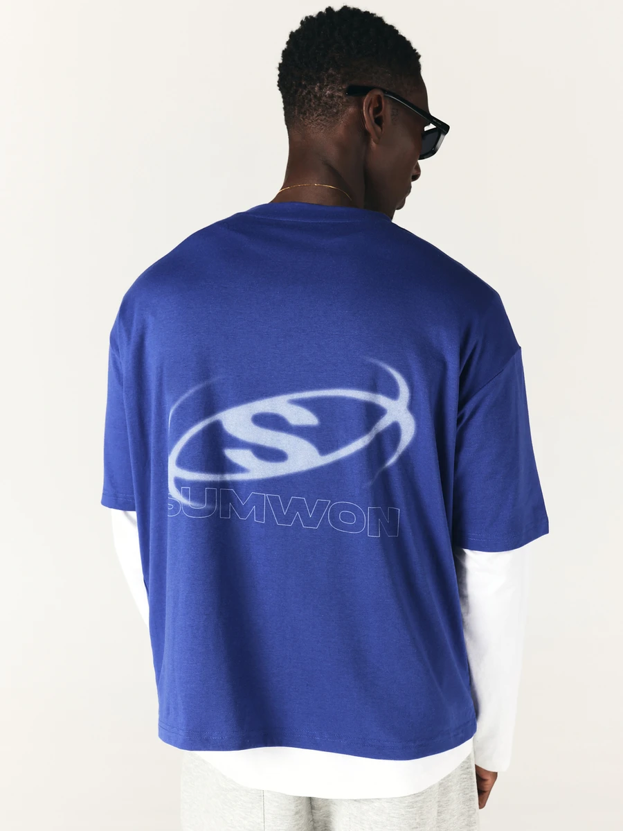 SUMWON Oversized Crew Neck Short Sleeve T-Shirt With Back Logo Graphic And Chest Print Casual Streetwear Top - Blue - View 1