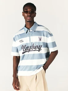 PLAYBOY X SUMWON Club Striped Quarter Zip Polo Shirt With Script Logo Print And Bunny Badge Short Sleeve Oversized Top - Blue - View 5