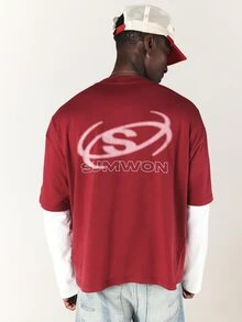 SUMWON Oversized Boxy Crew Neck Short Sleeve T-Shirt With Back Logo Graphic Print And Contrast Piping Detail - Burgundy - View 1