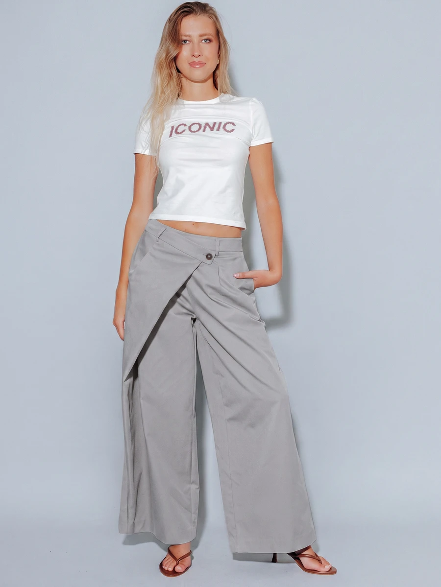Pimkie Edition Women's Solid Color Asymmetrical Design Wide Leg Loose Casual Long Pants - Grey - View 1