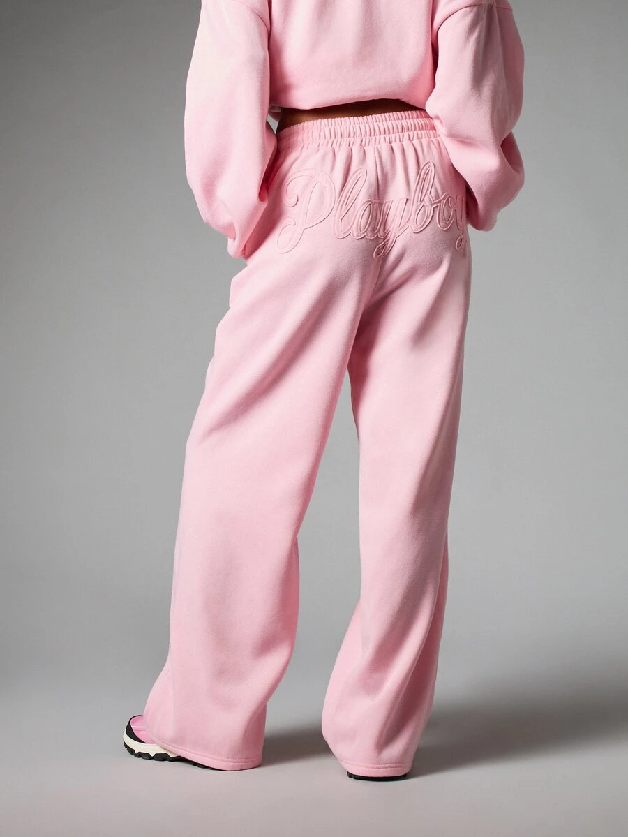 Missguided x Playboy Embroidered Script Logo Wide Leg Sweatpants High Rise Elastic Waist Casual Fleece Jogger Trousers Spring Loungewear - Pink - View 1