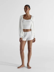 KSTM Pointelle Knit Co-Ord Set Crop Cami Bralette Open Cardigan Mini Shorts Loungewear Sleepwear Pyjama Three Piece Set - White - View 3