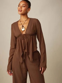 MISSGUIDED Sheer Chiffon Tie-Front Top And Wide Leg Palazzo Pants Co-Ord Set With Flared Sleeves And Ruched Empire Waist - Chocolate Brown - View 3