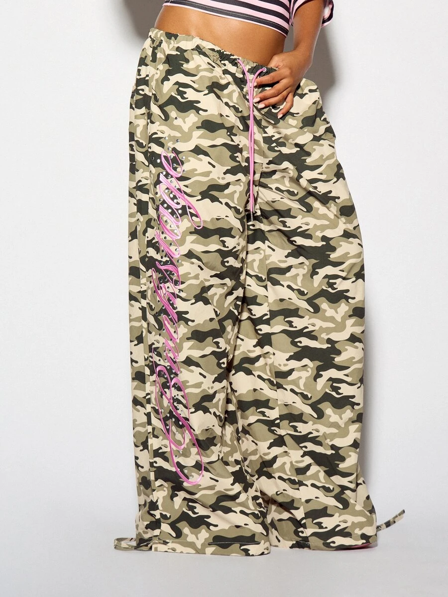 SUMWON WOMEN Camo Print Wide Leg Pants With Pink Script Logo And Rhinestone Detail Drawstring Waist Full Length Casual Trousers - Army Green - View 1