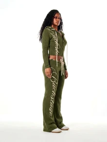 SUMWON WOMEN Knit Wide Leg Pants With Cursive Script Logo Print, Low Rise Drawstring Waist, Flare Silhouette, Fall Winter Cozy Loungewear - Army Green - View 4