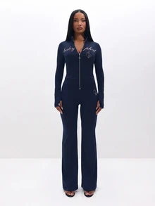BABYPHAT Script Logo Flare Leg Pants With Rose Gold Branding Retro Y2K Bootcut Stretch Trousers - Navy Blue - View 7