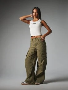 Missguided x Playboy Oversized Wide Leg Cargo Pants With Large Leg Logo Print Low Rise Utility Pockets And Zipper Detail Full Length - Army Green - View 6