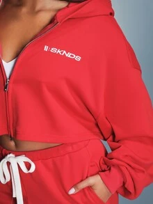 11SKNDS Boxy Fit II SKNDS Cropped Full-Zip Hoodie Oversized Long Sleeve Hooded Sweatshirt With Logo Print Casual Streetwear Spring Essential - Red - View 4