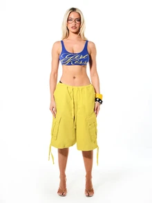 SUMWON WOMEN Cargo Bermuda Shorts With Elastic Waist Drawstring Multiple Pockets Side Tie Hem Summer Festival Holiday Casual Loose Fit - Yellow - View 5