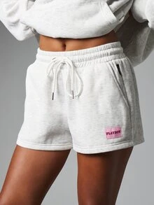 Missguided x Playboy Celana Pendek Sweatshirt Fleece dengan Logo Patch, Tali Serut di Pinggang, dan Kantong Samping, Pakaian Santai Kasual Musim Panas - Light Grey - View 2