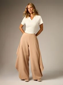 AiiRZ High Rise Palazzo Wide Leg Pants With Dramatic Ruffle Overlay Skirt Panel Asymmetric Flowing Hem Full Length Spring Summer - Brown - View 5