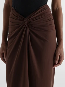 KSTM Twist Knot Ruched Midi Skirt High Waist Draped Wrap Style Elegant Party Evening Fall Winter Occasion Skirt - Brown - View 5