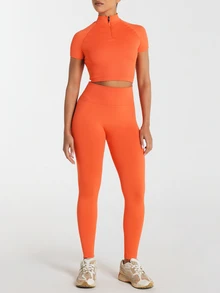 11SKNDS Ribbed Seamless Cropped Half-Zip Stand Collar Short Sleeve Top Fitted Stretch Activewear Summer Spring Essential With Sweat-Wicking & Breathable, For Gym Workout Fitness, Running, Training & Hy-Rox - Red Orange - View 3