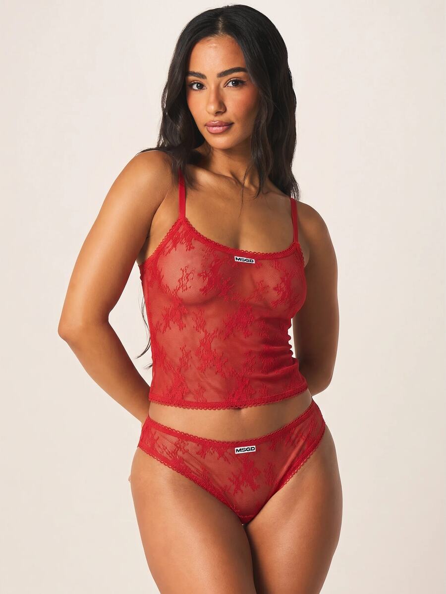 MISSGUIDED Sheer Lace Lingerie Co-Ord Set With Scallop Trim Crop Camisole Top And Cheeky Brief Valentines Day Intimate - Red - View 1