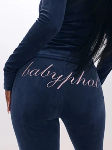 BABYPHAT Script Logo Flare Leg Pants With Rose Gold Branding Retro Y2K Bootcut Stretch Trousers - Navy Blue - View 1