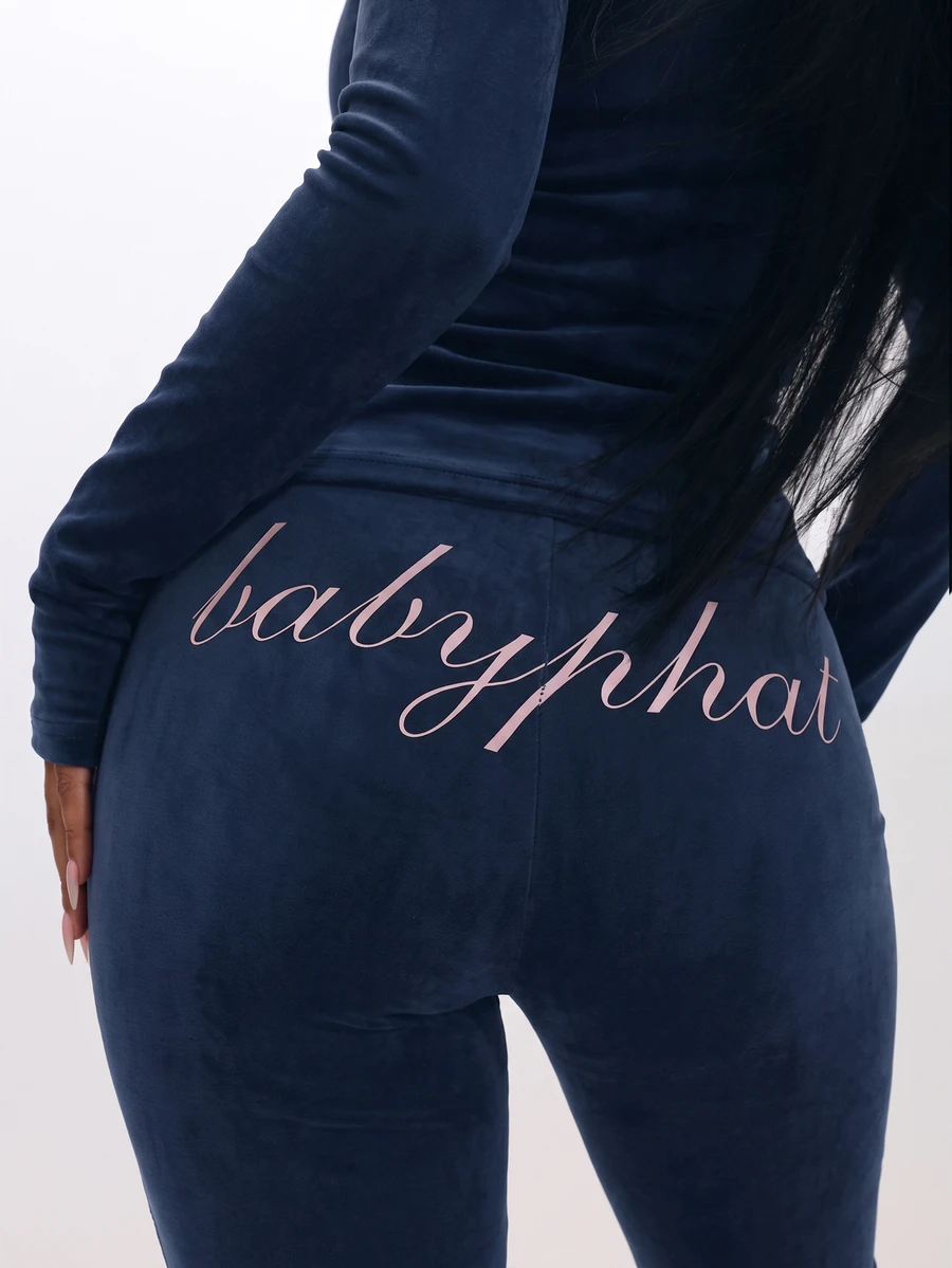 BABYPHAT Script Logo Flare Leg Pants With Rose Gold Branding Retro Y2K Bootcut Stretch Trousers - Navy Blue - View 1