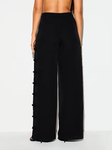 KIZN Wide Leg High Rise Dress Pants With Oriental Frog Button Side Detail And Split Hem For Evening Party Holiday Occasion - Black - View 2