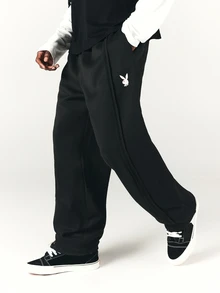 PLAYBOY X SUMWON Bunny Embroidered Wide Leg Sweatpants With Side Pockets Relaxed Fit Casual Lounge Trousers Fall Winter Essentials - Black - View 1