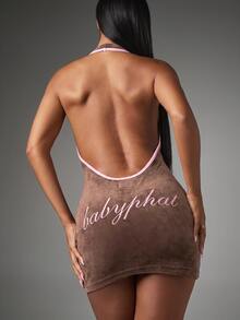 BABYPHAT Velour Halter Mini Dress With Open Back And Pink Contrast Trim Embroidered Logo Bodycon Fit - Chocolate Brown - View 1
