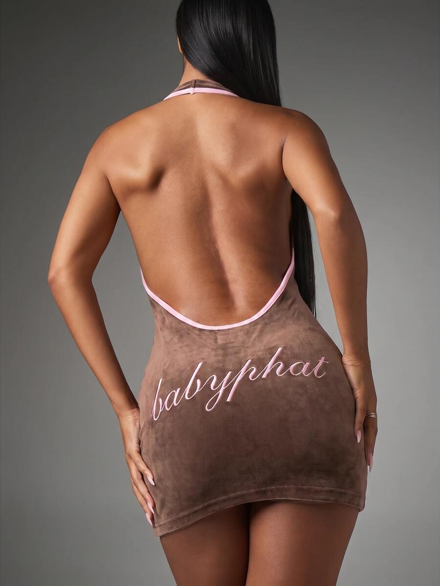 BABYPHAT Velour Halter Mini Dress With Open Back And Pink Contrast Trim Embroidered Logo Bodycon Fit - Chocolate Brown - View 1