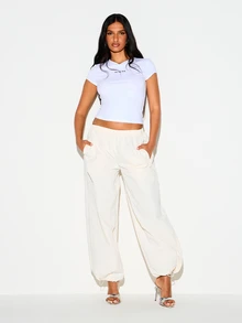 KIZN Wide Leg Parachute Pants With Elastic Waist Side Pockets And Drawstring Ankles Flowy Casual Summer Holiday Trousers - White - View 3