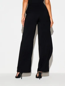 KIZN Wide Leg Wrap Front High Rise Dress Pants With Gold Hardware Detail And Side Pockets For Evening Party And Holiday Occasions - Black - View 3