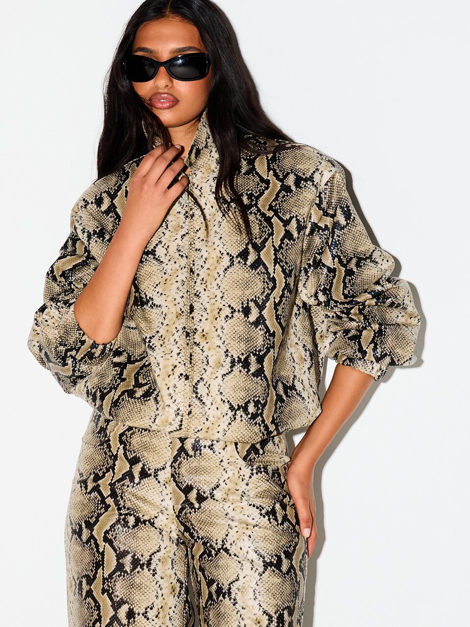 KIZN Snake Print Jacket With Ruched Sleeves And Stand Collar