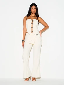 KIZN Structured Strapless Corset Top With Metal Hook And Eye Closure Detail Cut Out Waist Boning Panel Design Party Night Out - Apricot - View 4