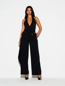 KIZN Wide Leg Wrap Front High Rise Dress Pants With Gold Hardware Detail And Side Pockets For Evening Party And Holiday Occasions - Black - View 2