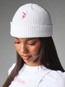 Missguided x Playboy Bunny Logo Ribbed Knit Beanie Hat With Embroidered Icon Cuffed Winter Skull Cap Cozy Cold Weather Headwear - snow white - View 3