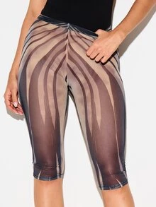 KIZN Mesh See-Through Abstract Print High Rise Cropped Leggings With Swirl Pattern For Summer Festival Season - Brown - View 6