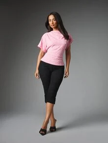 MISSGUIDED Floral Lace Batwing Short Sleeve High Neck Ruched Fitted Blouse Top Spring Party Date Night - Pink - View 4