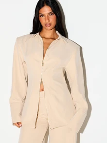 KIZN Structured Shoulder Zip-Up Collared Shirt With Bell Sleeves And Gold Zipper Tailored Fitted Blazer Style Top For Office Spring Summer - Khaki - View 5