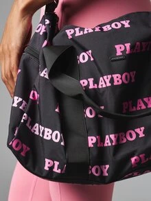 Missguided x Playboy Logo All-Over Print Duffle Bag With Adjustable Shoulder Strap And Dual Carry Handles - Weekend Travel Bag - Black - View 4