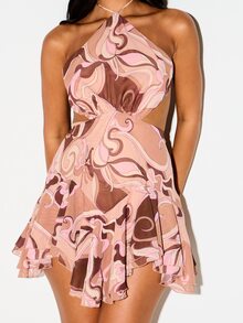 KIZN Halter Neck Mini Dress With Side Cut-Out Waist Ruffle Hem And Swirl Print Chiffon Flowy Fit And Flare Summer Party Style - Pink - View 4